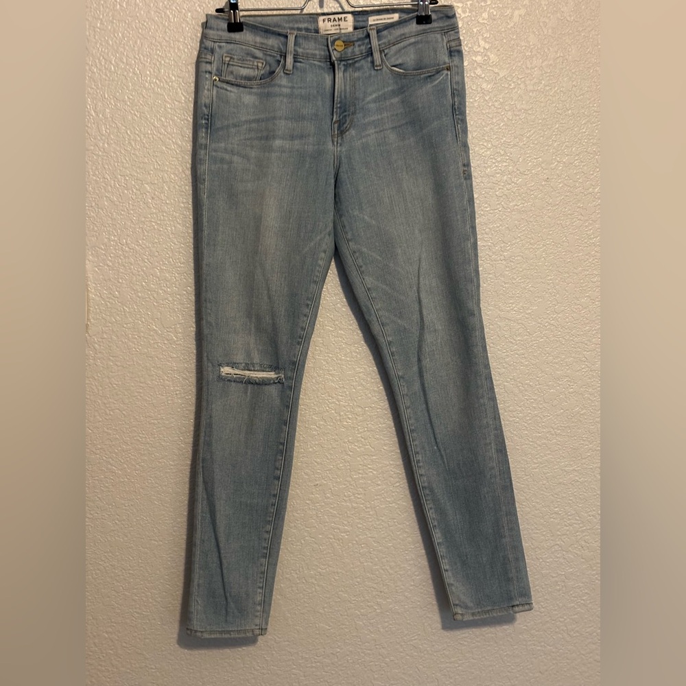 Frame Denim Blue Skinny Jeans Distressed Knee